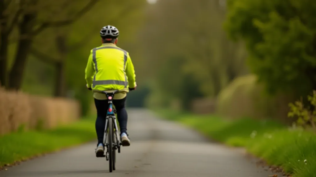 Cyclist riding on Waterford Greenway wearing bright reflective vest and lights, visible in natural daylight