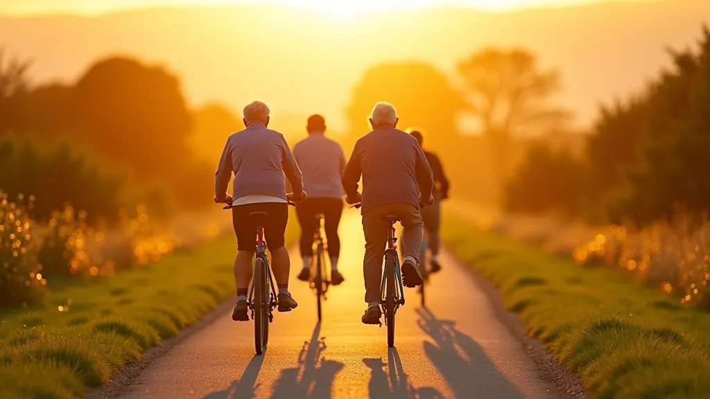 Seniors enjoying a group cycling adventure on a scenic outdoor path