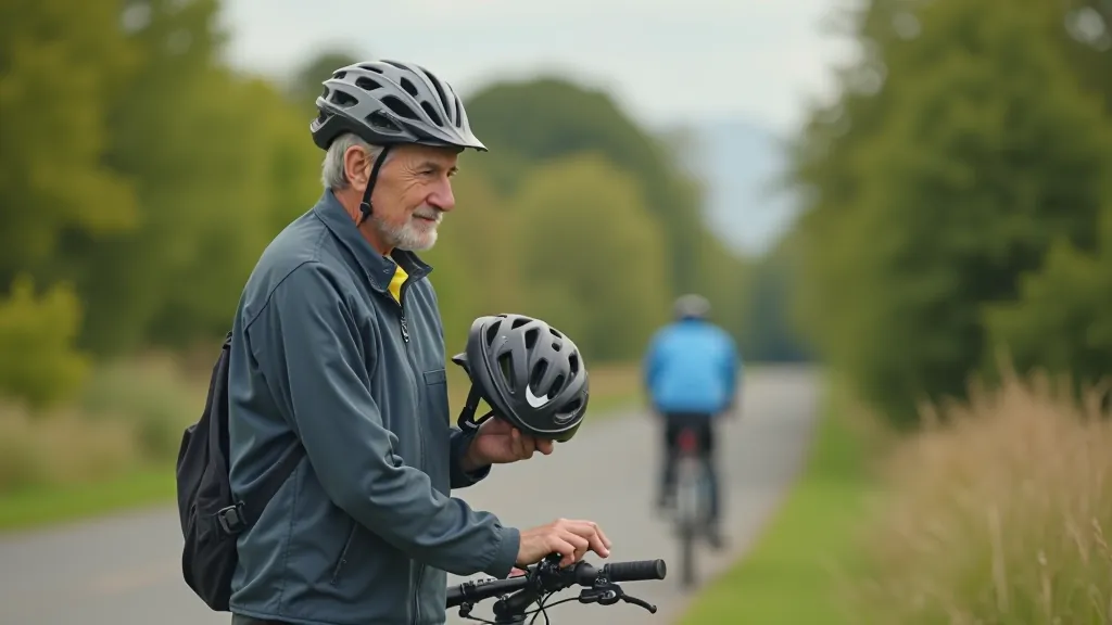 Close-up of cyclist checking bike helmet and safety equipment before ride