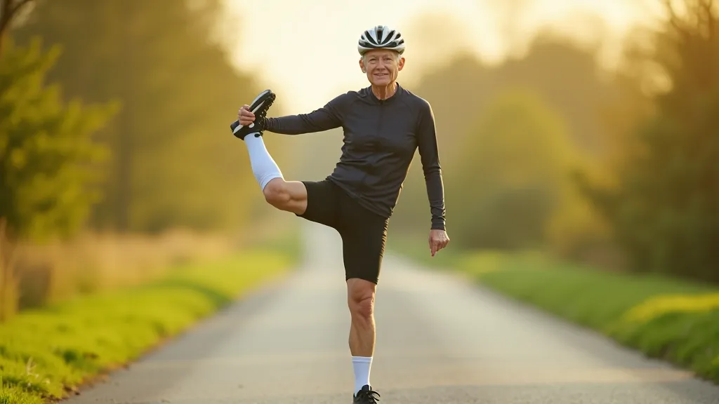 Cyclist performing leg swings and dynamic movements before a ride, outdoors with greenery background, athletic posture
