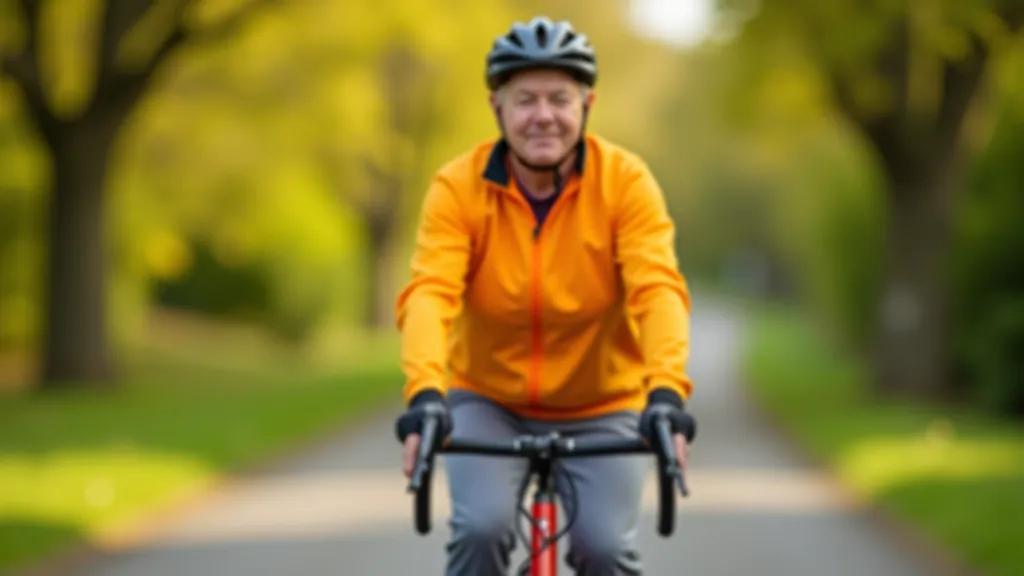 Senior cyclist on a scenic path wearing helmet and reflective gear