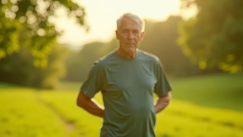 Older adult performing gentle leg stretches on grass before cycling, morning light, focused expression