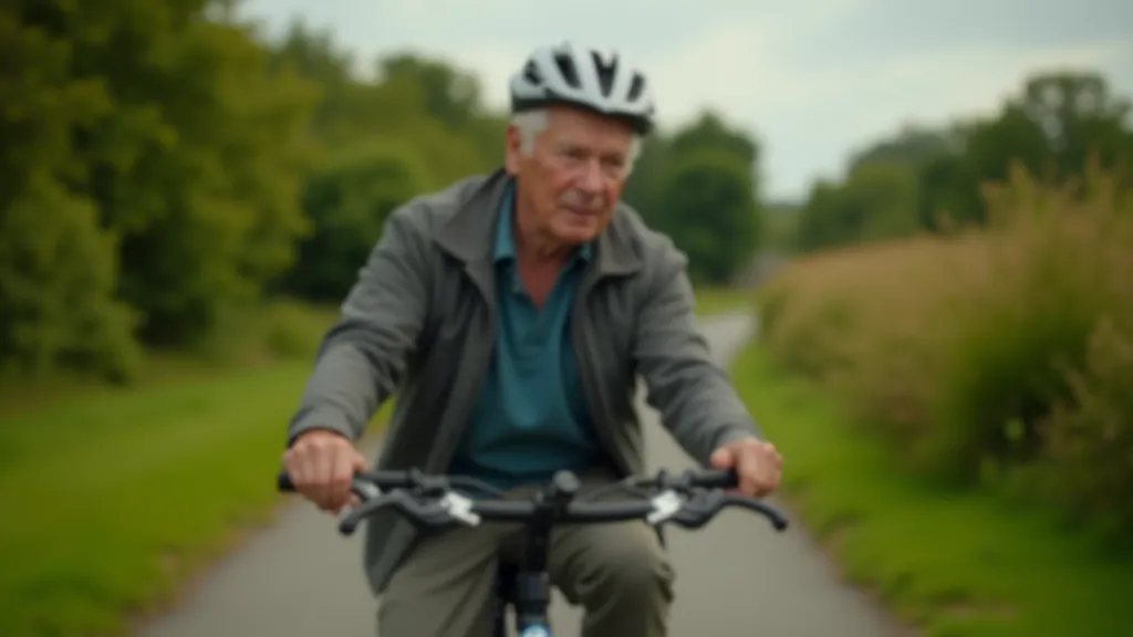 Senior cyclist riding on a paved path, checking comfort and position while pedaling at a relaxed pace