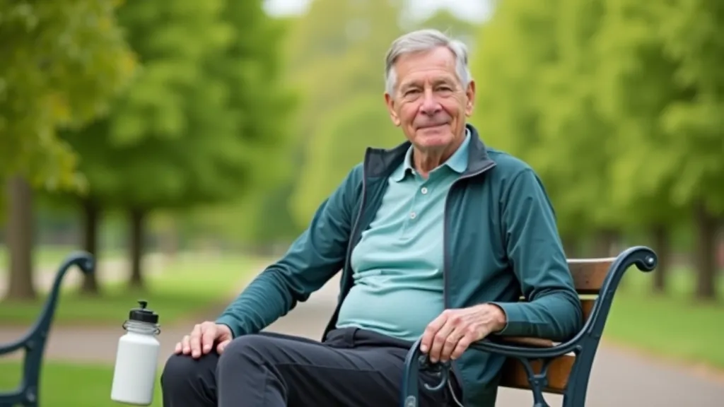 Cyclist sitting on bench after ride, drinking water, recovering in peaceful setting, post-ride relaxation