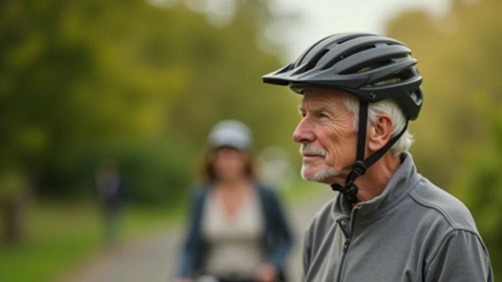 Close-up of properly fitted cycling helmet on older adult, showing correct positioning and strap adjustment