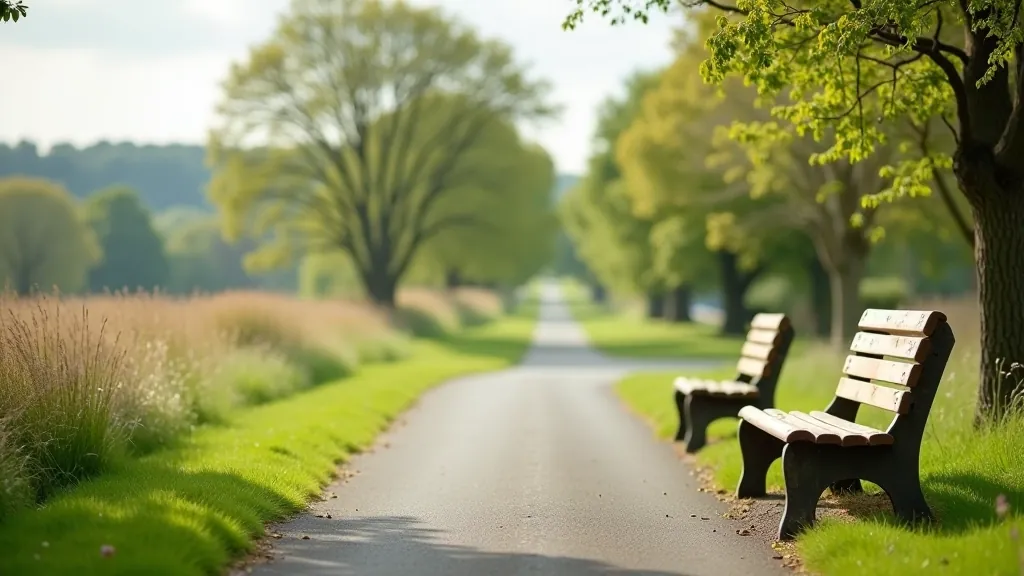 Scenic greenway landscape with rest area and benches overlooking the valley