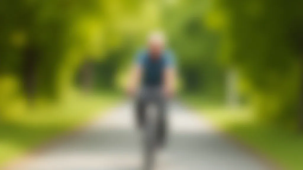 Senior cyclist riding on a flat, tree-lined greenway path with blue sky above