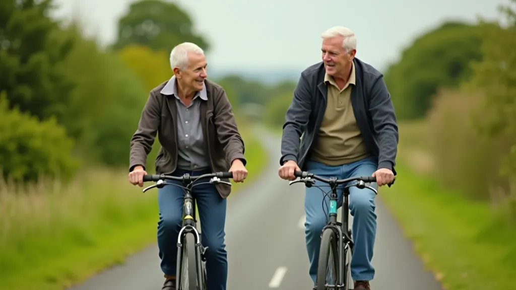 Two senior cyclists riding together on the Waterford Greenway at a comfortable pace